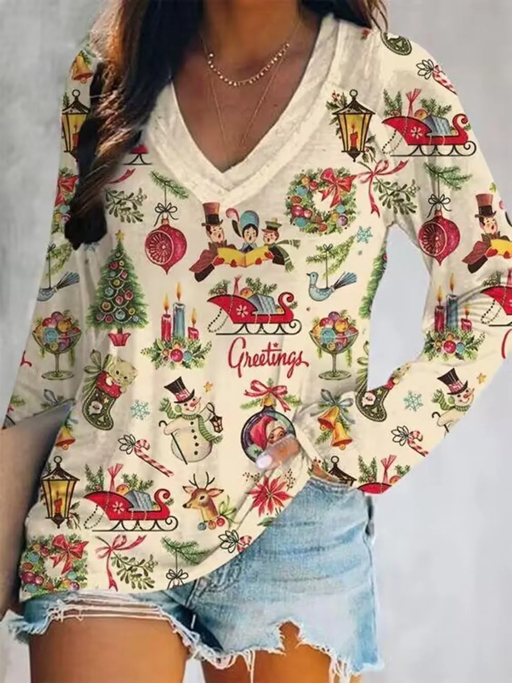 VKEGNIO Christmas Snowman Print Shirt for Women Cute Xmas Tree Santa Print Long Sleeve Tshirts Casual V Neck Fall Shirts Tops