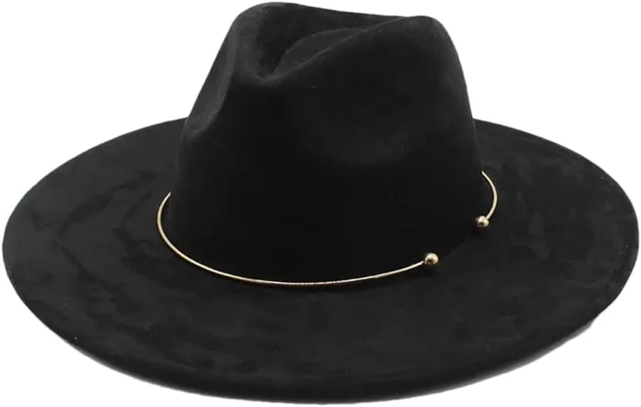 Women Men Suede Fedora Hats 9.5Cm Wide Brim Panama Western Cowboy Hat Gold Circle Church Caps